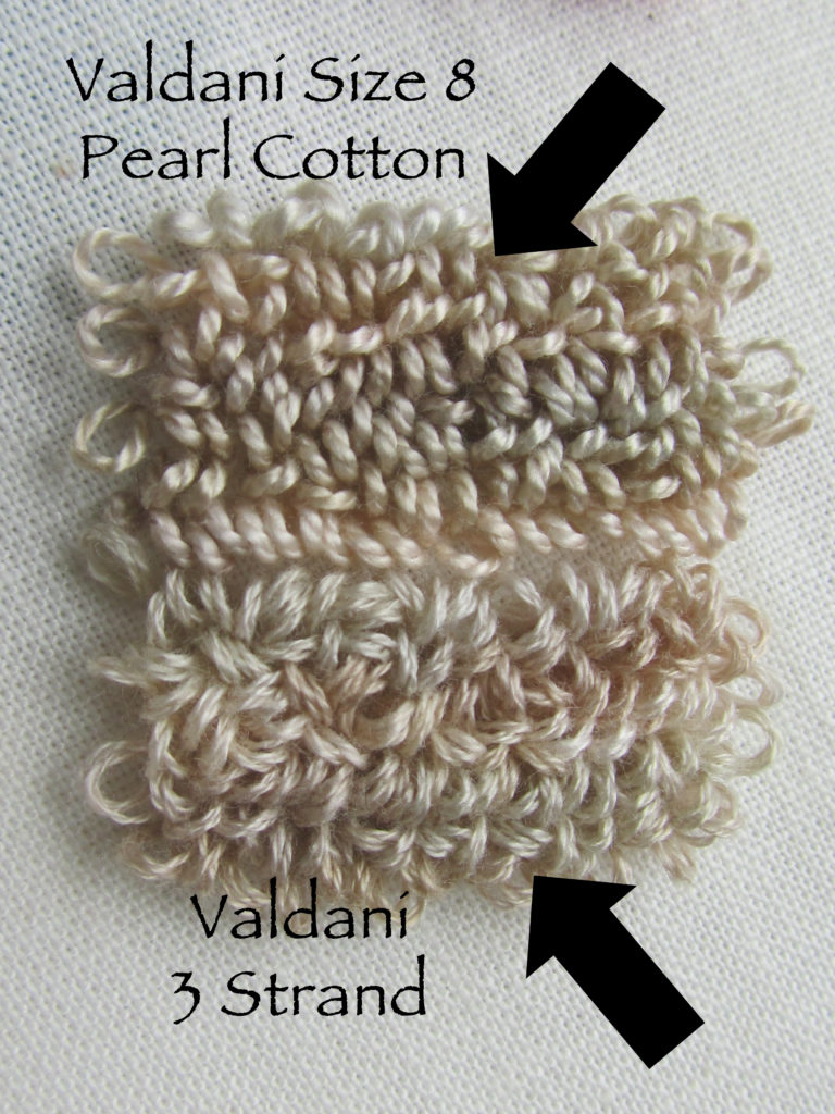 Comparison of Valdani 3 strand floss vs. pearl cotton #8