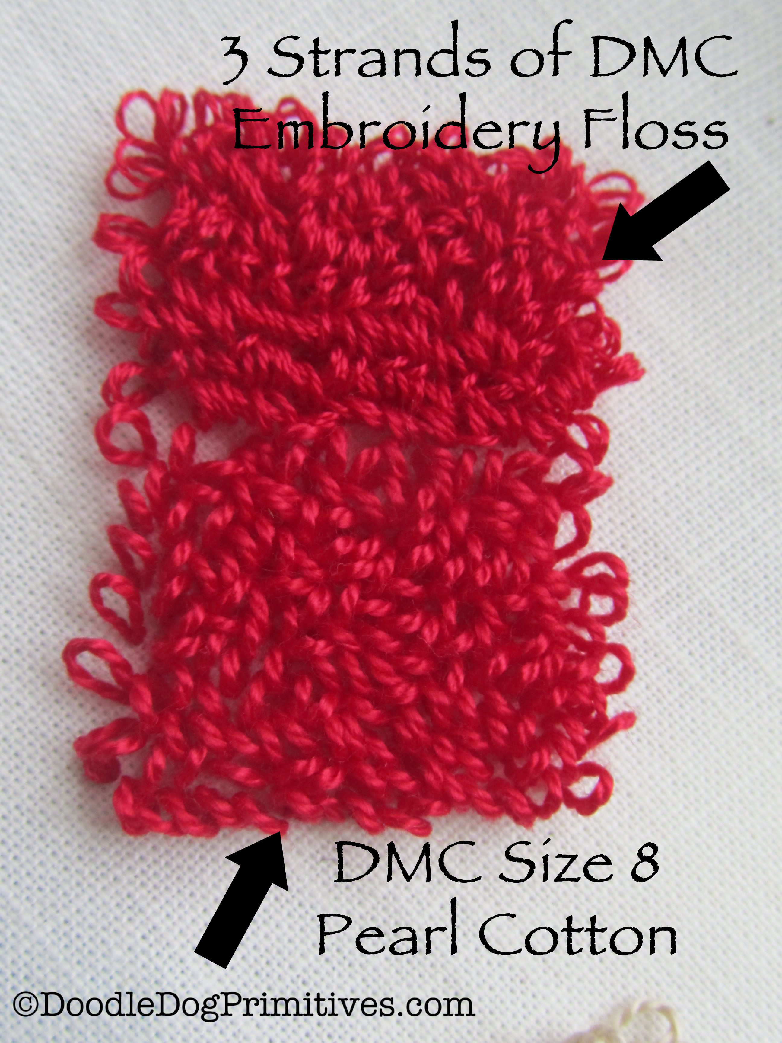 Comparison of DMC embroidery floss vs. pearl cotton 8 DoodleDog