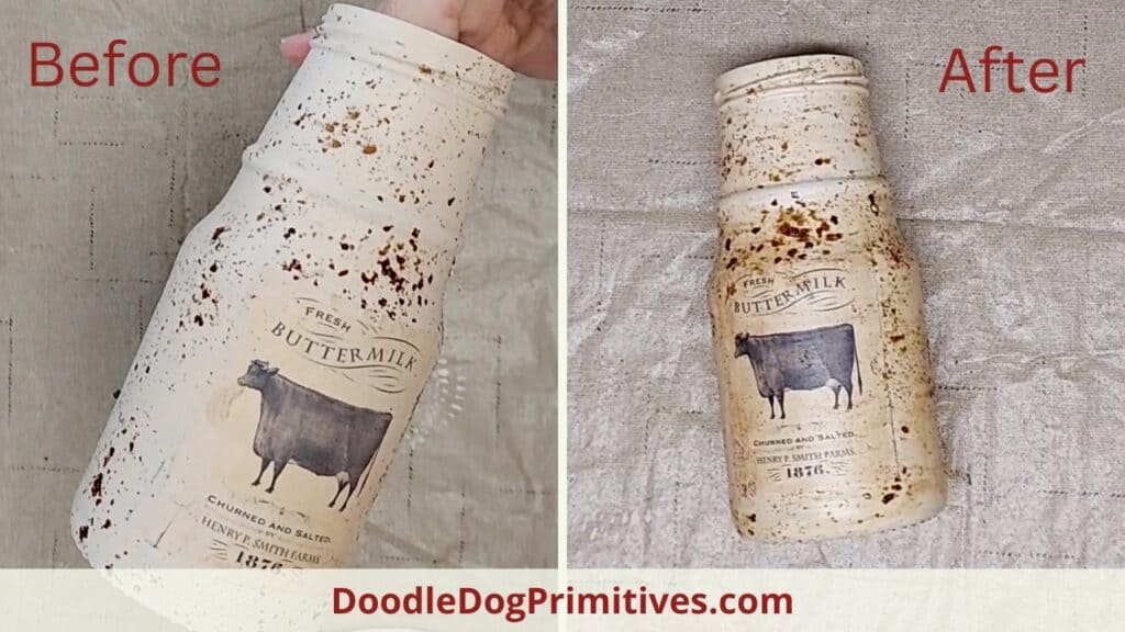 before after mod podge on buttermilk pantry jar