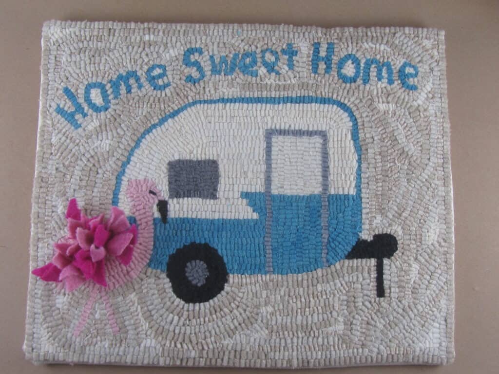 Retro camper and flamingo hooked rug