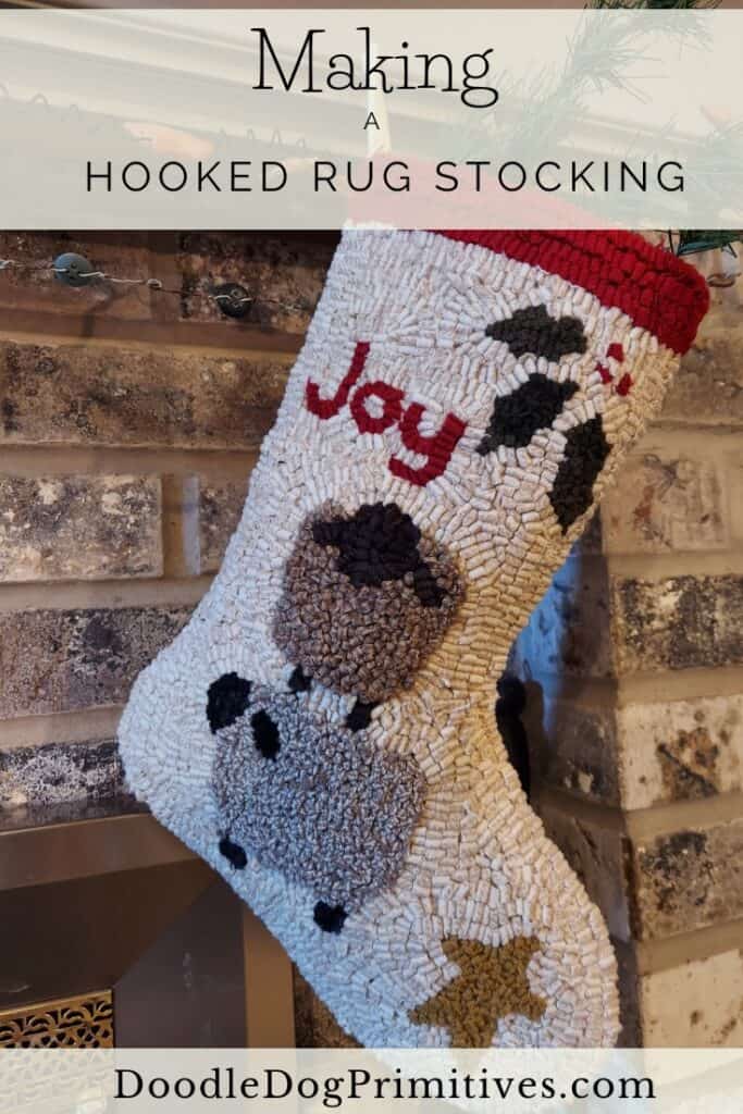 Hooked Rug Stocking with Dog Design for Christmas.