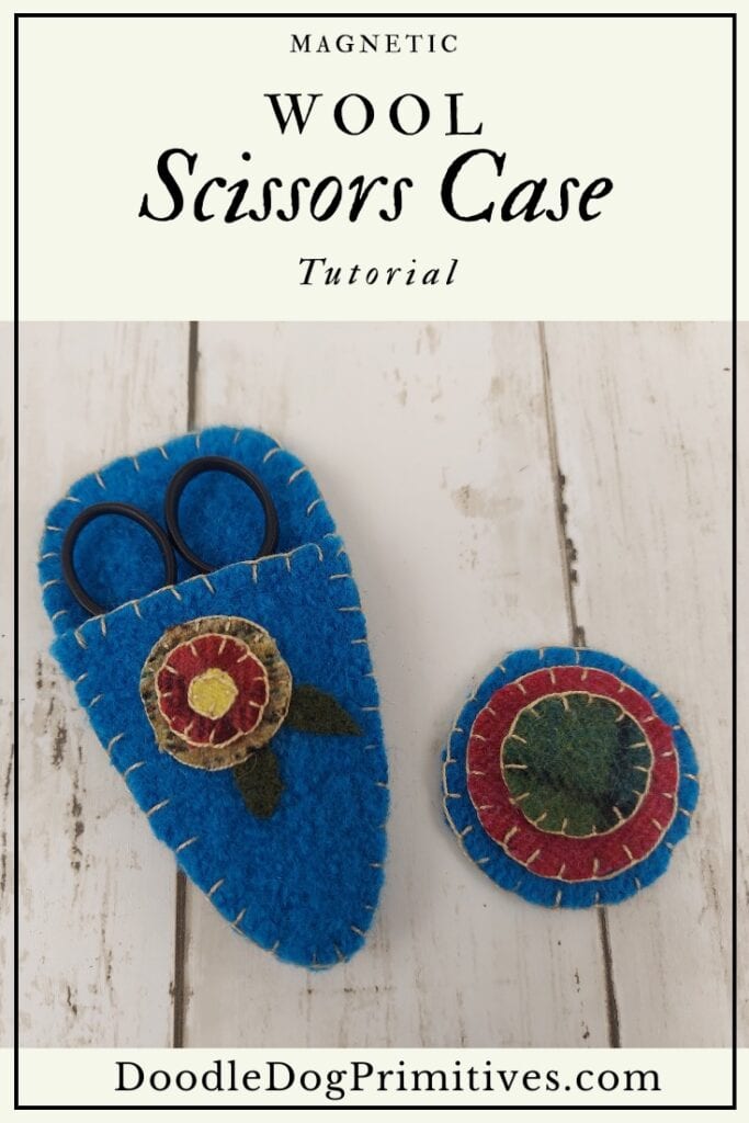 Wool felt scissors case and matching pin cushion for sewing projects.