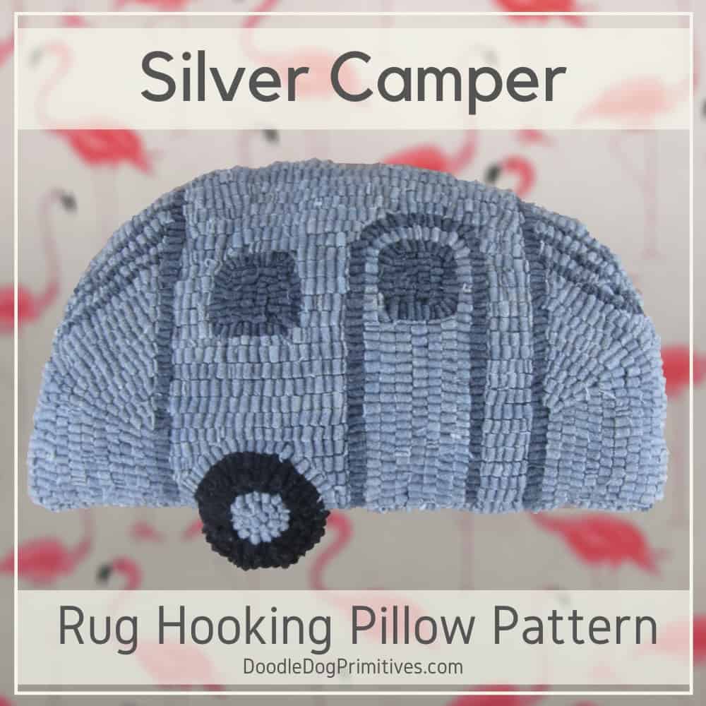 Silver camper hooked rug pillow